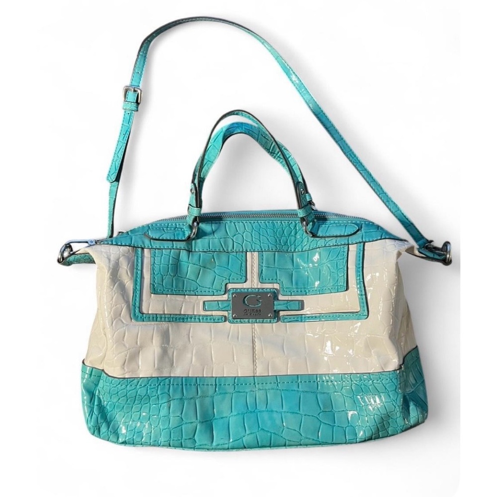 Guess Turquoise and Cream Croc-Embossed Satchel Bag